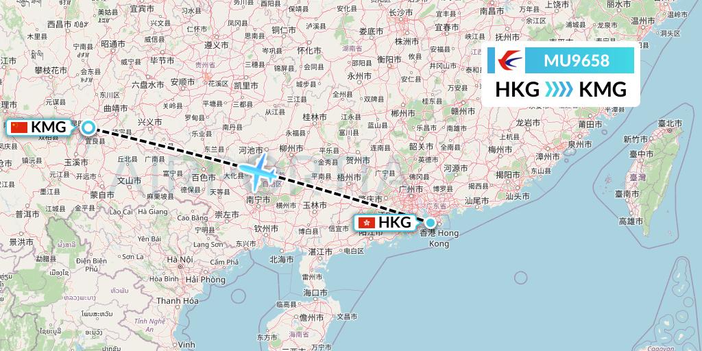 MU9658 China Eastern Airlines Flight Map: Hong Kong to Kunming