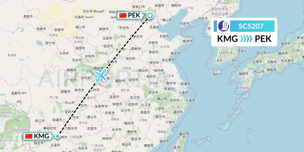 SC5207 Shandong Airlines Flight Map: Kunming to Beijing