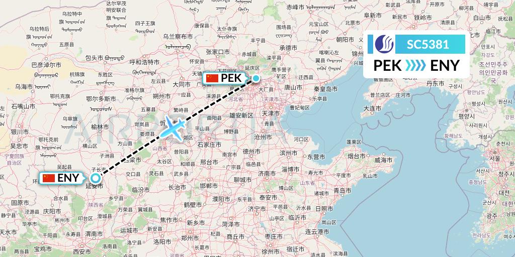 SC5381 Shandong Airlines Flight Map: Beijing to Yan'an