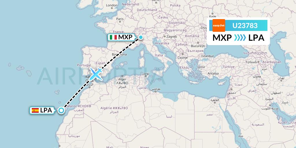 U23783 EasyJet Flight Map: Milan to Las Palmas