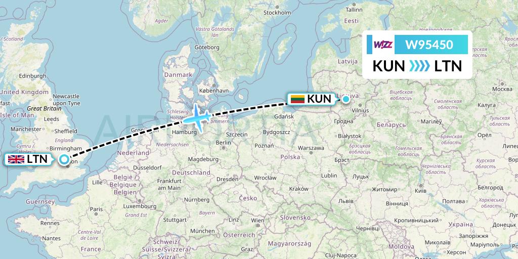 W95450 Wizz Air UK Flight Map: Kaunas to London