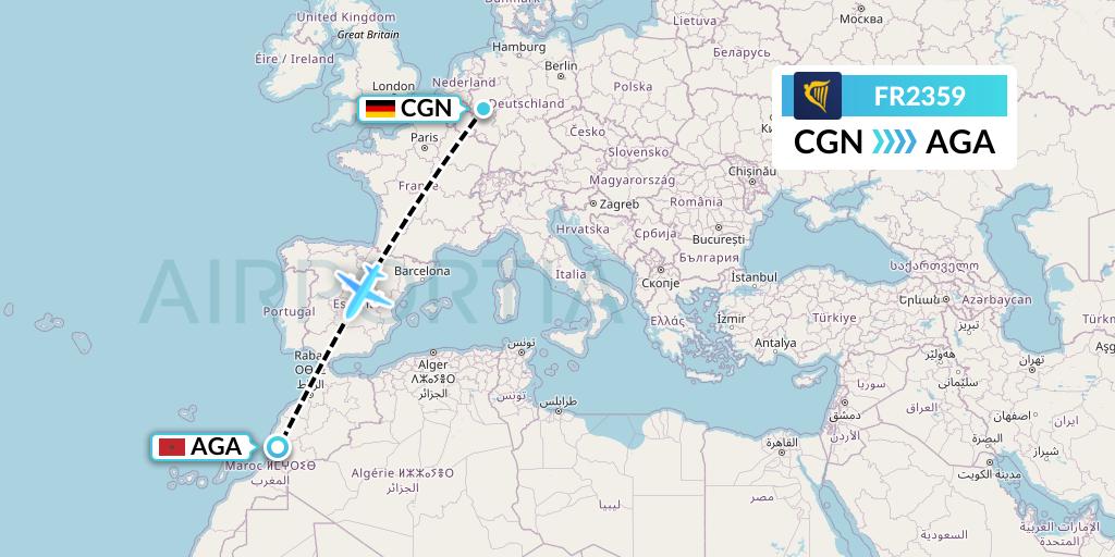 FR2359 Ryanair Flight Map: Cologne to Agadir