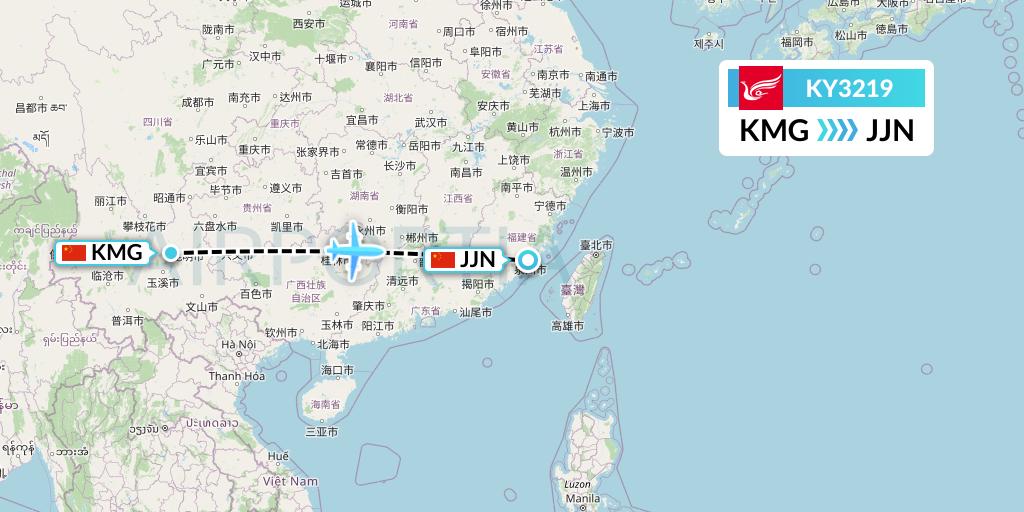 KY3219 Kunming Airlines Flight Map: Kunming to Jinjiang