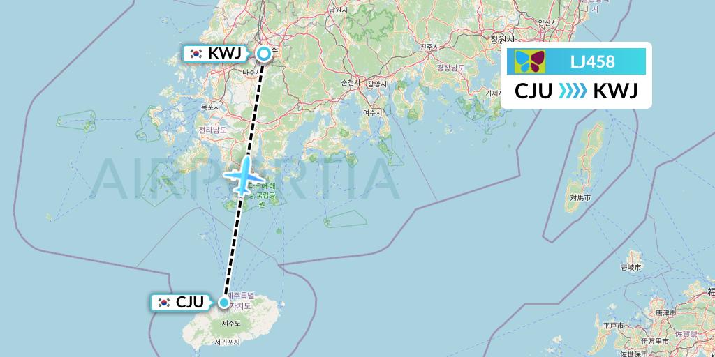 LJ458 Jin Air Flight Map: Jeju to Gwangju