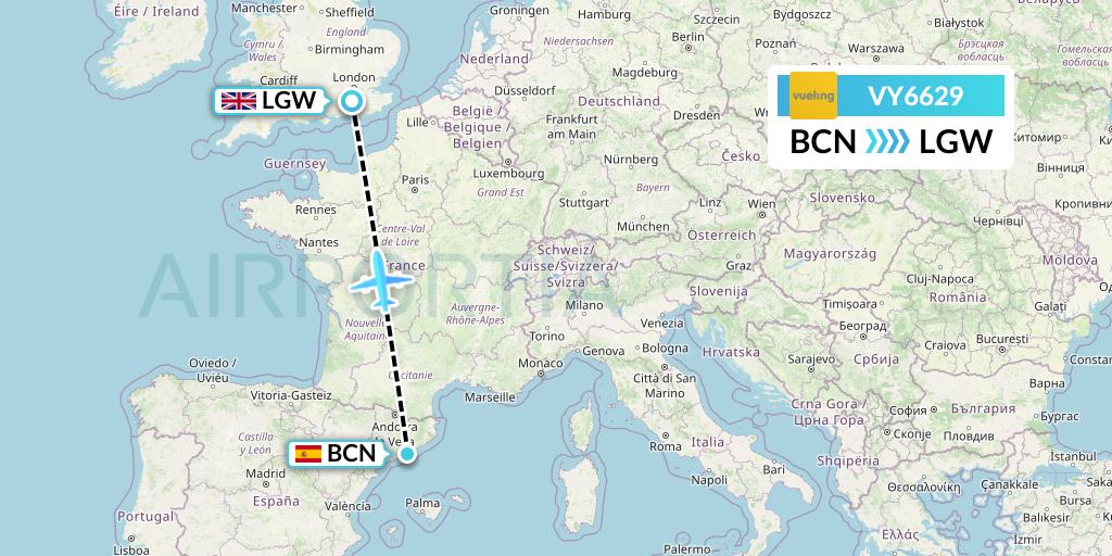 VY6629 Vueling Flight Map: Barcelona to London