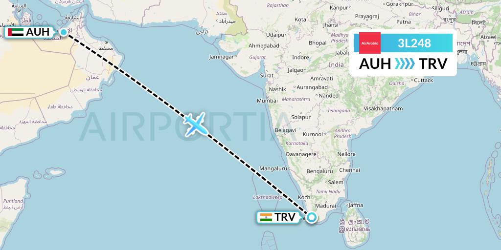 3L248 Air Arabia Abu Dhabi Flight Map: Abu Dhabi to Thiruvananthapuram