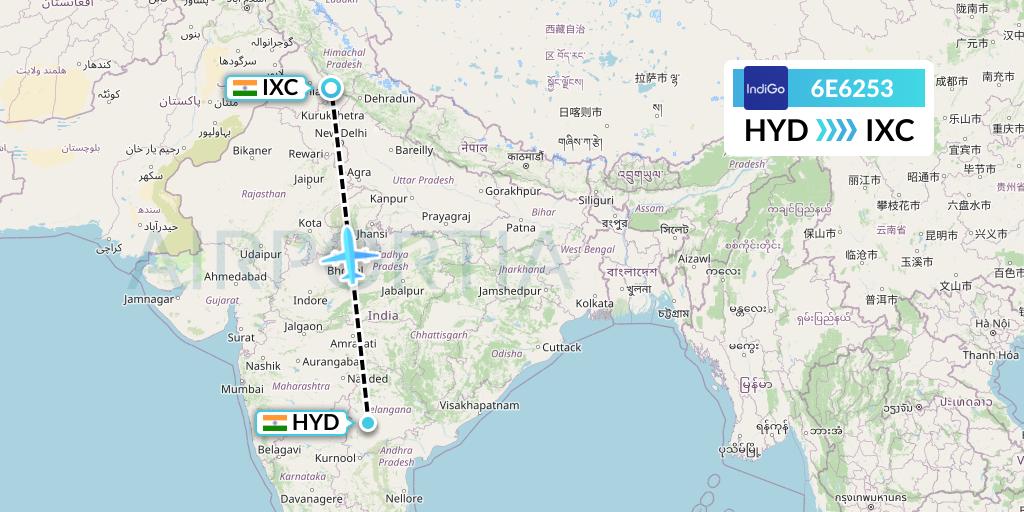 6E6253 IndiGo Airlines Flight Map: Hyderabad to Chandigarh