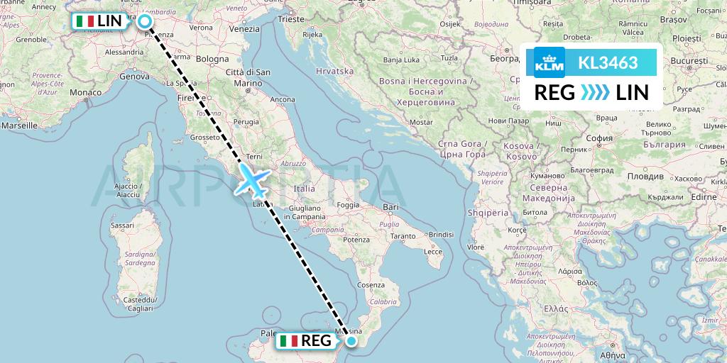 KL3463 KLM Flight Map: Reggio Calabria to Milan