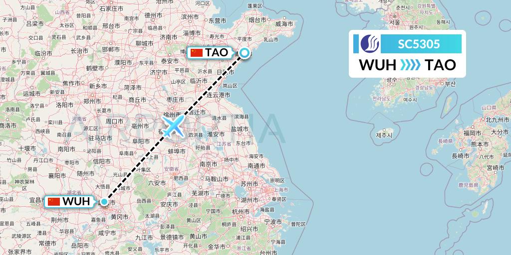 SC5305 Shandong Airlines Flight Map: Wuhan to Qingdao