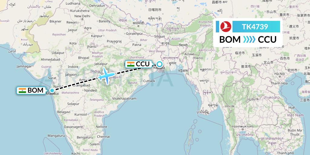 TK4739 Turkish Airlines Flight Map: Mumbai to Kolkata