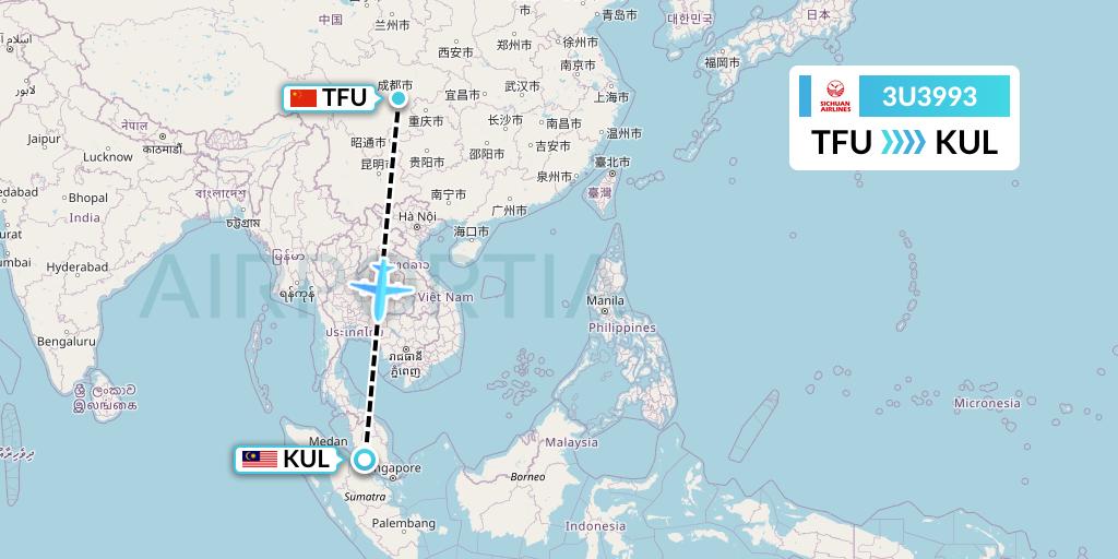 3U3993 Sichuan Airlines Flight Map: Chengdu to Kuala Lumpur