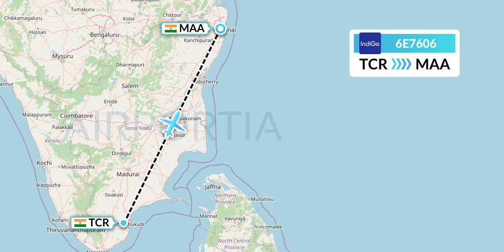 6E7606 IndiGo Airlines Flight Map: Tuticorin to Chennai