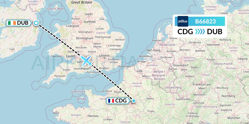 B66823 JetBlue Airways Flight Map: Paris to Dublin