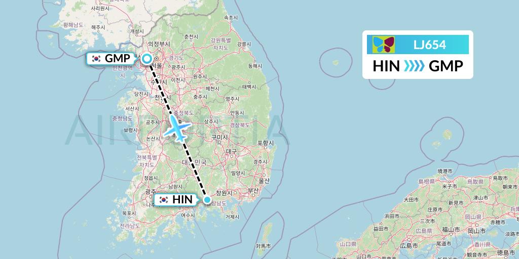 LJ654 Jin Air Flight Map: Jinju to Seoul