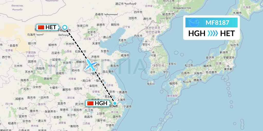 MF8187 Xiamen Airlines Flight Map: Hangzhou to Hohhot