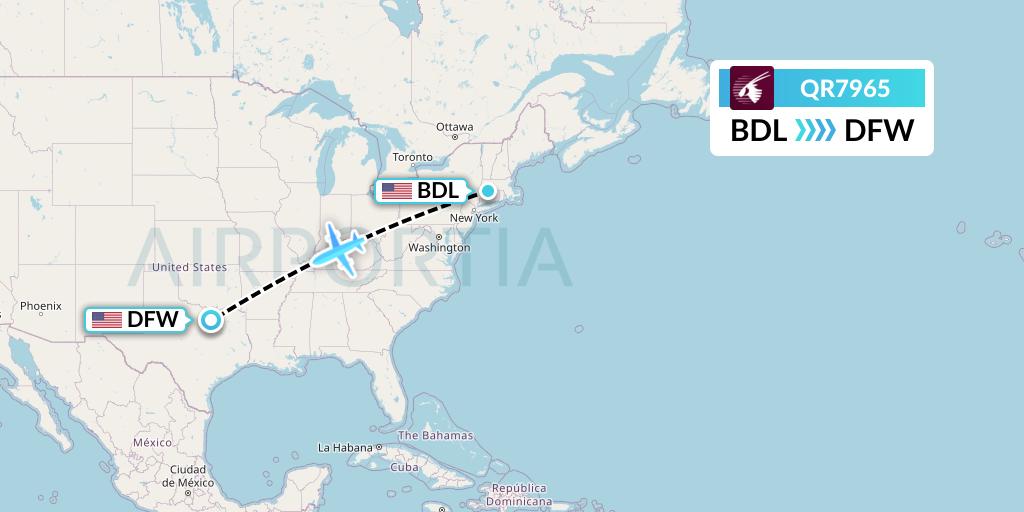 QR7965 Qatar Airways Flight Map: Windsor Locks to Dallas