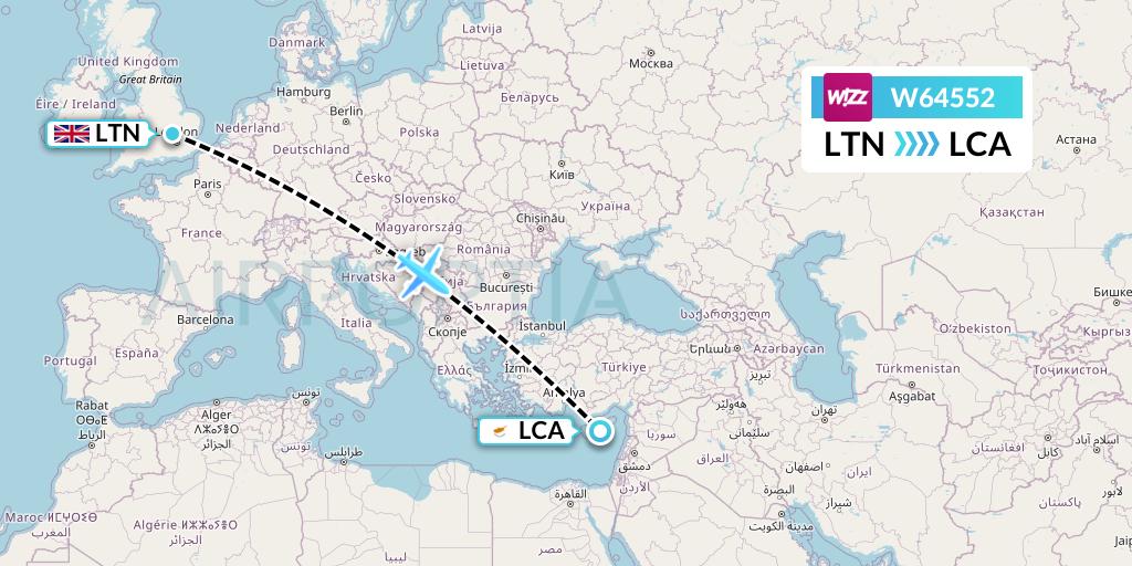 W64552 Wizz Air Flight Map: London to Larnaca