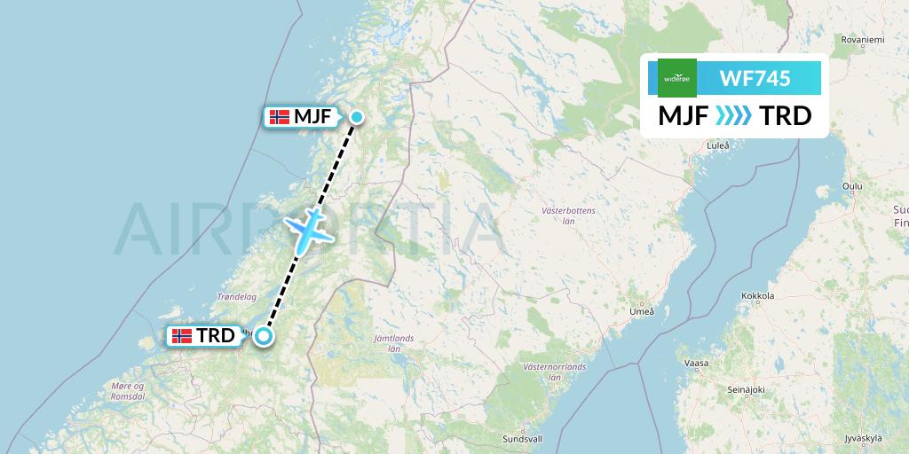 WF745 Wideroe Flight Map: Mosjoen to Trondheim