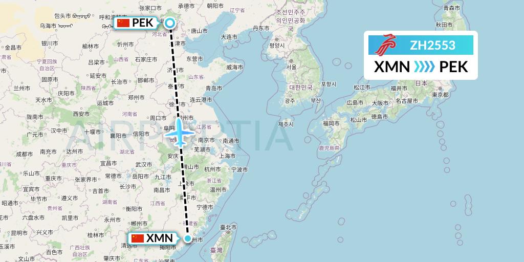 ZH2553 Shenzhen Airlines Flight Map: Xiamen to Beijing