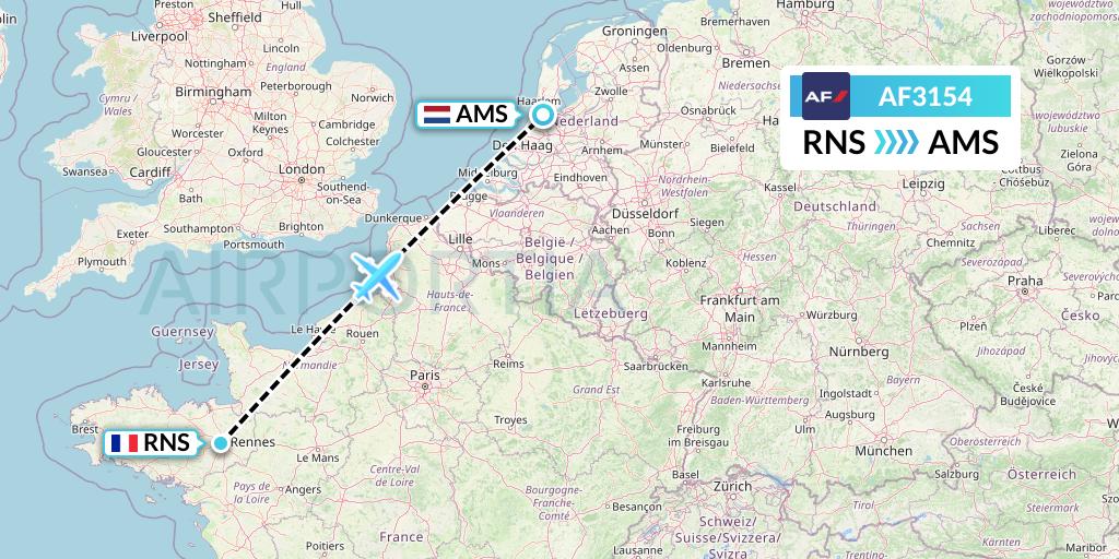 AF3154 Air France Flight Map: Rennes to Amsterdam