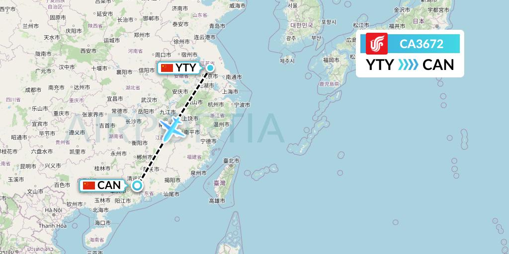 CA3672 Air China Flight Map: Yangzhou to Guangzhou