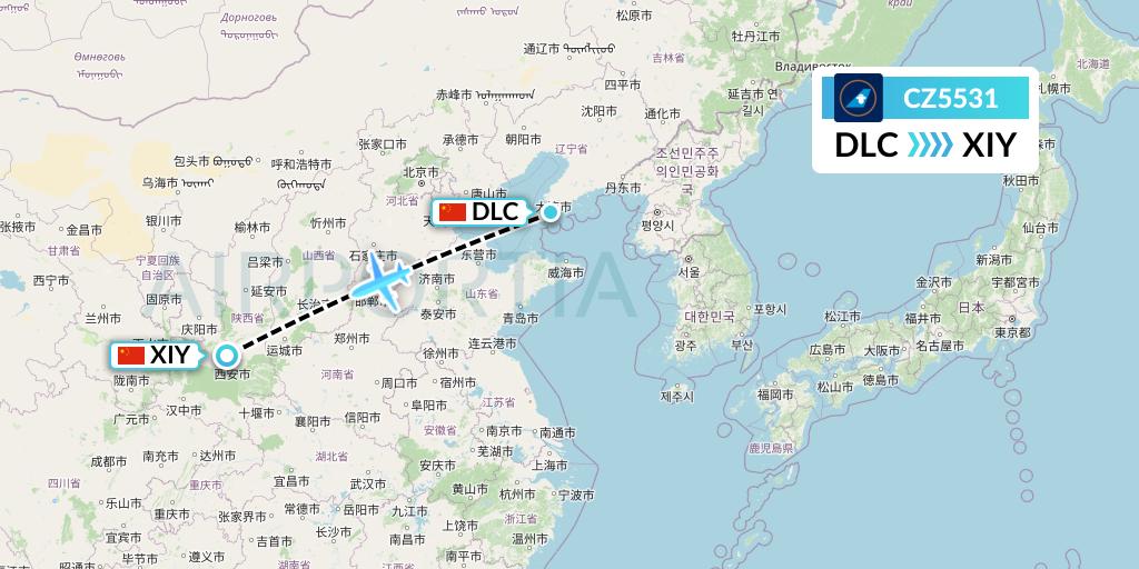 CZ5531 China Southern Airlines Flight Map: Dalian to Xi'an
