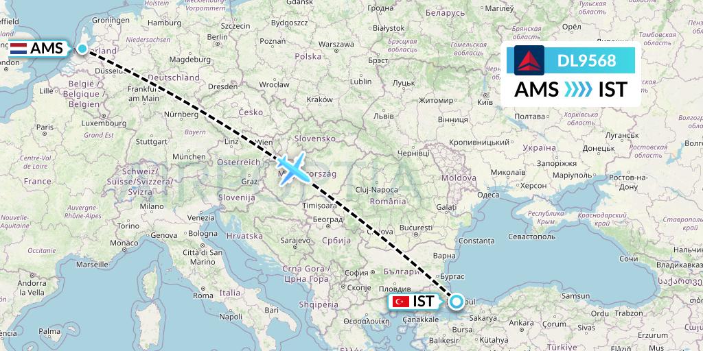 DL9568 Delta Air Lines Flight Map: Amsterdam to Istanbul