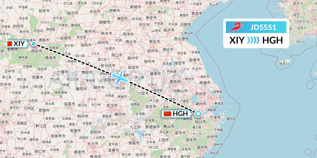 JD5551 Capital Airlines Flight Map: Xi'an to Hangzhou