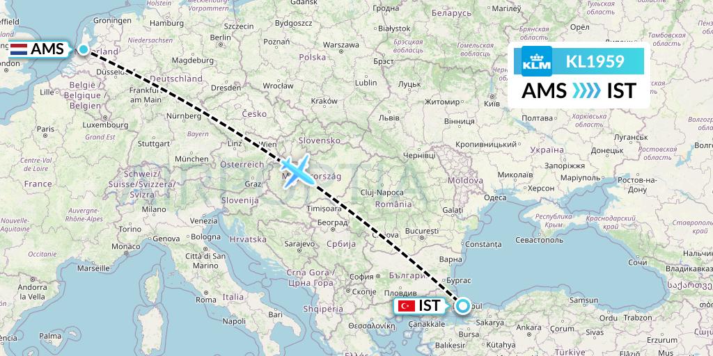 KL1959 KLM Flight Map: Amsterdam to Istanbul