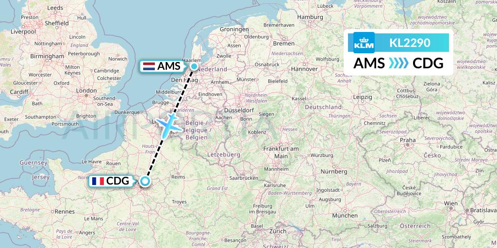 KL2290 KLM Flight Map: Amsterdam to Paris