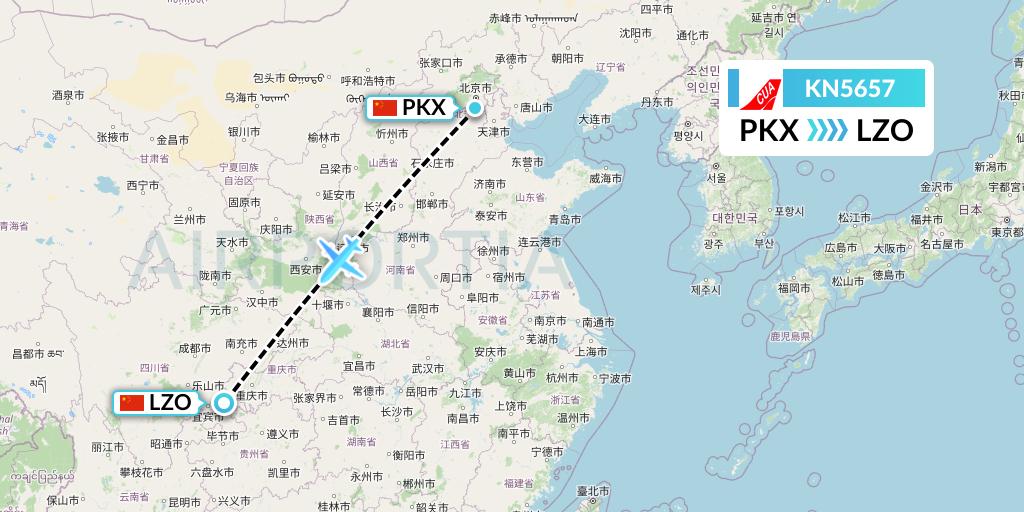 KN5657 China United Airlines Flight Map: Beijing to Luzhou