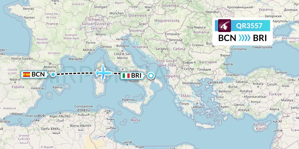QR3557 Qatar Airways Flight Map: Barcelona to Bari