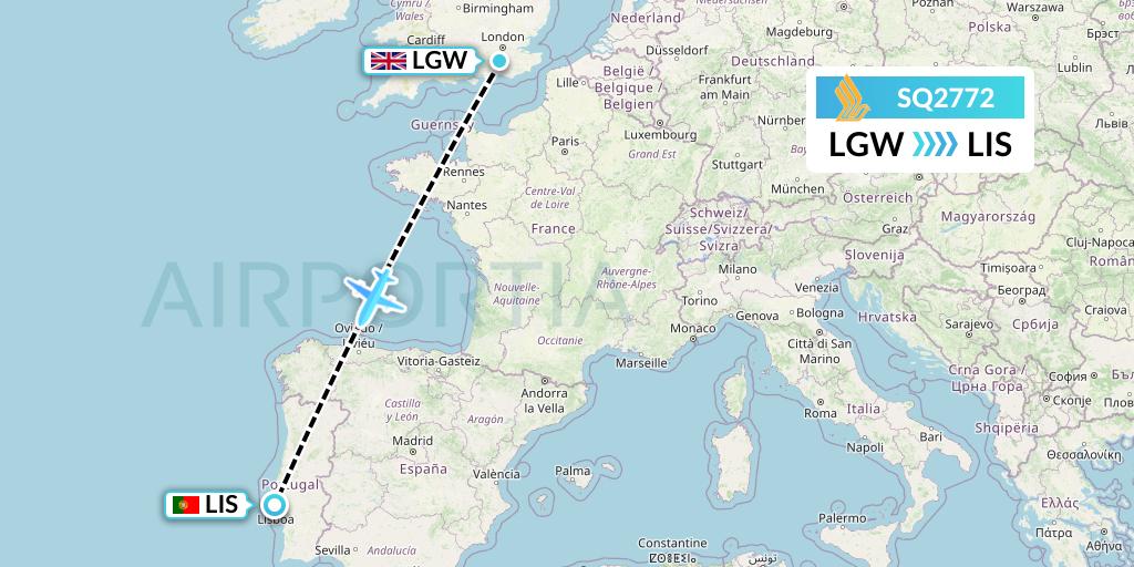 SQ2772 Singapore Airlines Flight Map: London to Lisbon