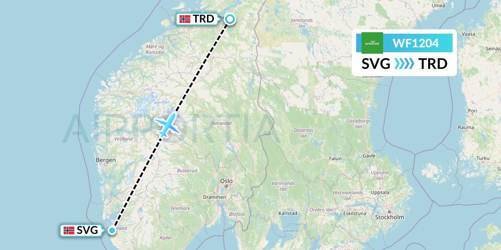 WF1204 Wideroe Flight Map: Stavanger to Trondheim