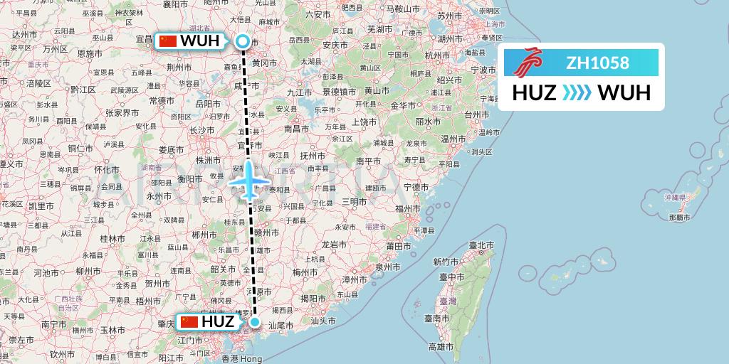 ZH1058 Shenzhen Airlines Flight Map: Huizhou to Wuhan