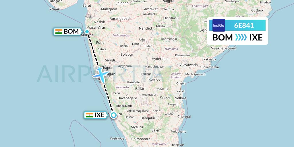 6E841 IndiGo Airlines Flight Map: Mumbai to Mangalore