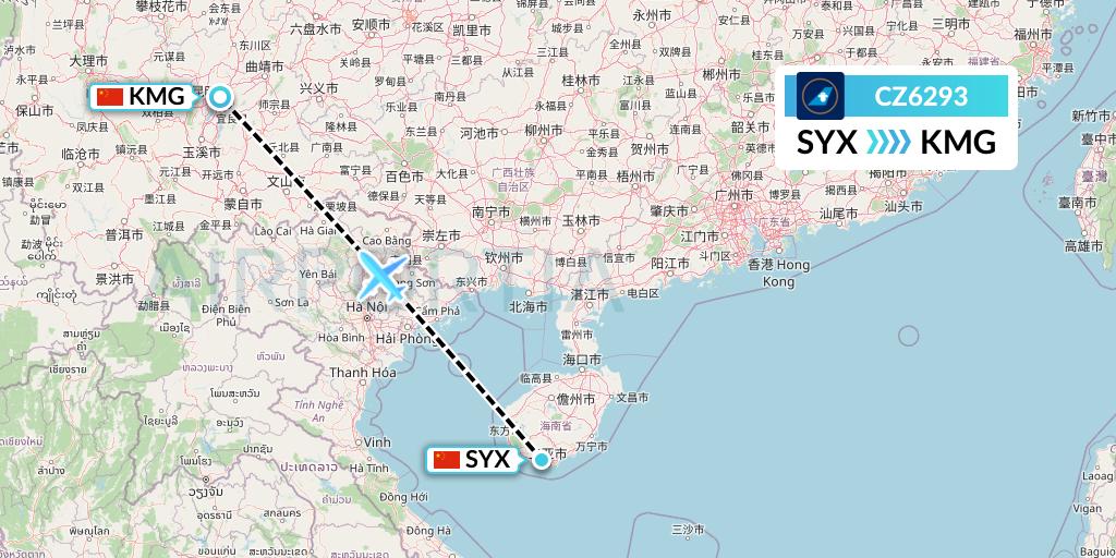 CZ6293 China Southern Airlines Flight Map: Sanya to Kunming
