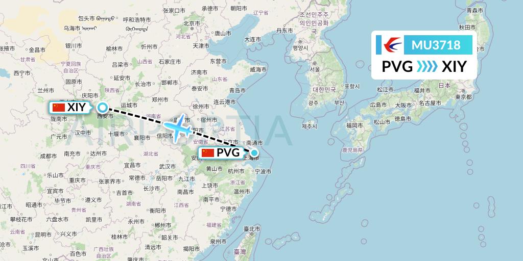 MU3718 China Eastern Airlines Flight Map: Shanghai to Xi'an