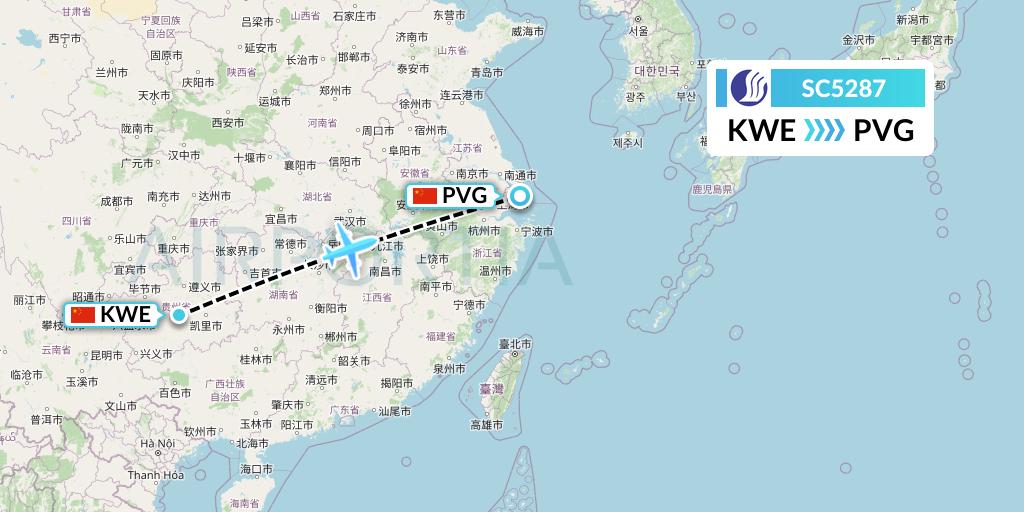 SC5287 Shandong Airlines Flight Map: Guiyang to Shanghai