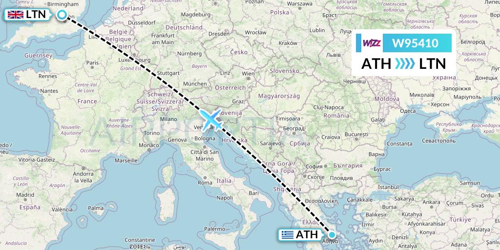 W95410 Wizz Air UK Flight Map: Athens to London