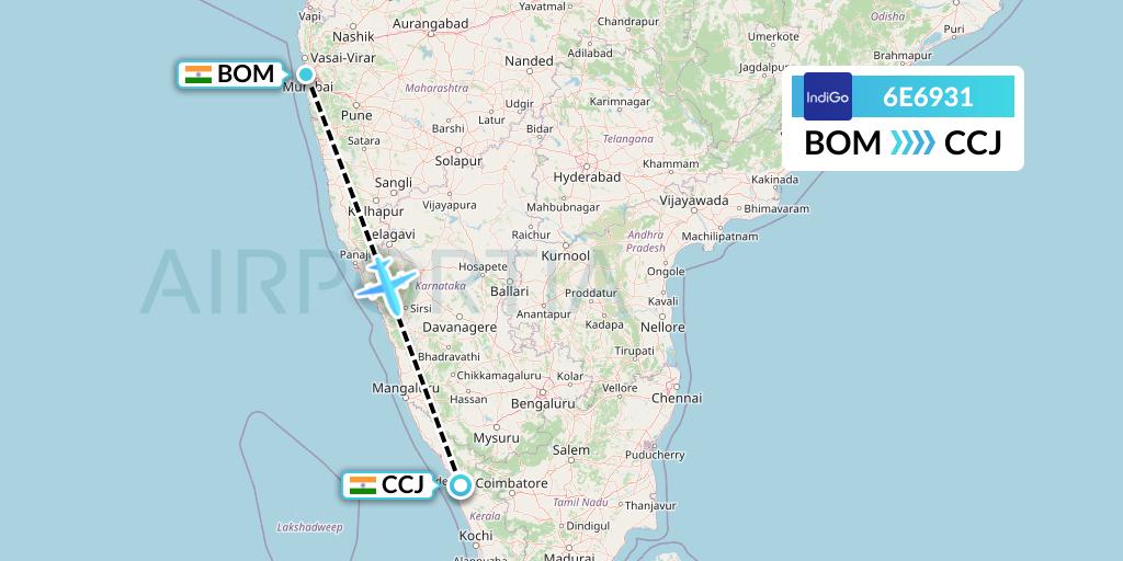 6E6931 IndiGo Airlines Flight Map: Mumbai to Kozhikode