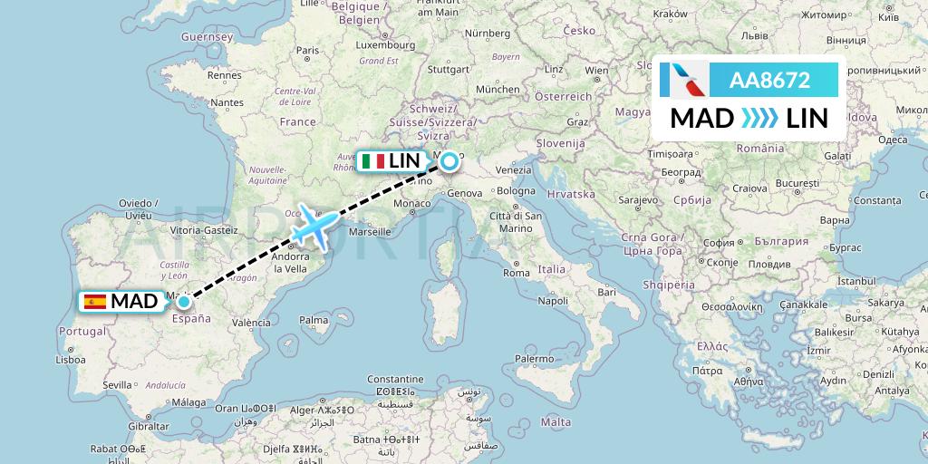 AA8672 American Airlines Flight Map: Madrid to Milan