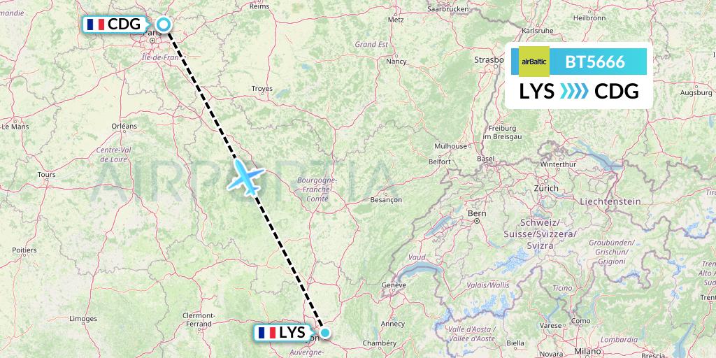 BT5666 Air Baltic Flight Map: Lyon to Paris