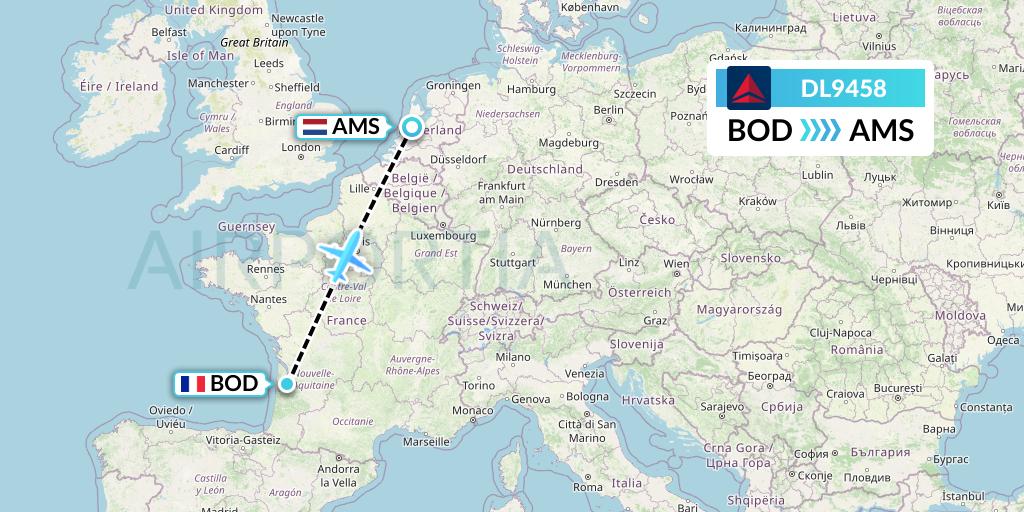 DL9458 Delta Air Lines Flight Map: Bordeaux to Amsterdam