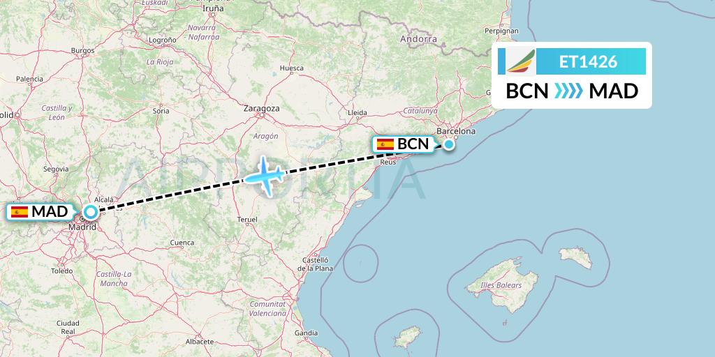 ET1426 Ethiopian Airlines Flight Map: Barcelona to Madrid
