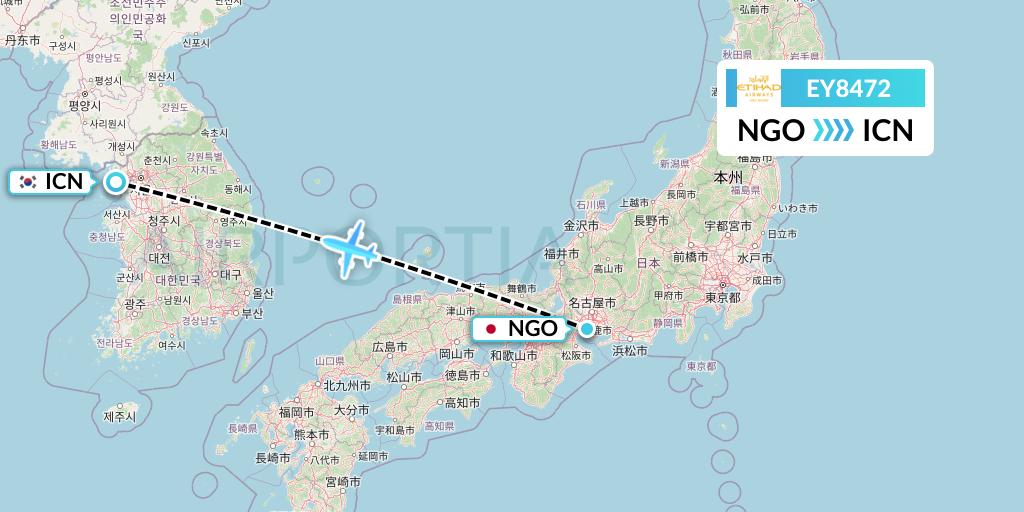 EY8472 Etihad Airways Flight Map: Nagoya to Seoul