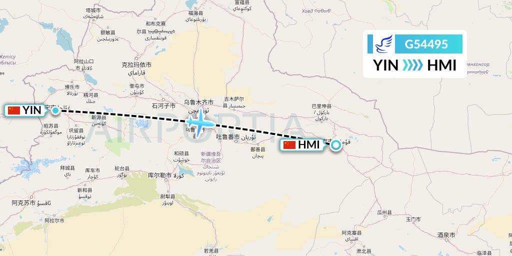 G54495 China Express Airlines Flight Map: Yining to Hami City