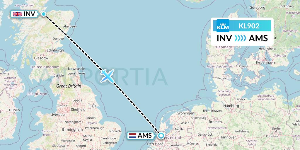 KL902 KLM Flight Map: Inverness to Amsterdam