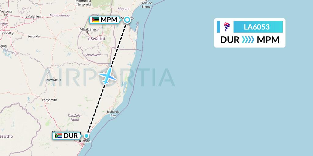 LA6053 LAN Airlines Flight Map: Durban to Maputo