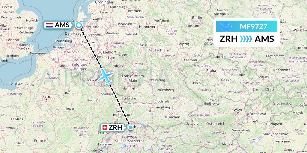 MF9727 Xiamen Airlines Flight Map: Zurich to Amsterdam